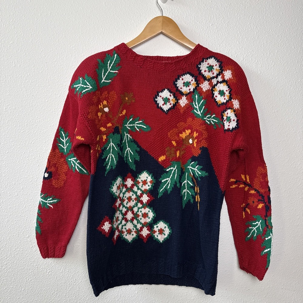 Vintage 90s Izod Women's Men's Christmas Sweater Knitted by Hand Medium Red‎
